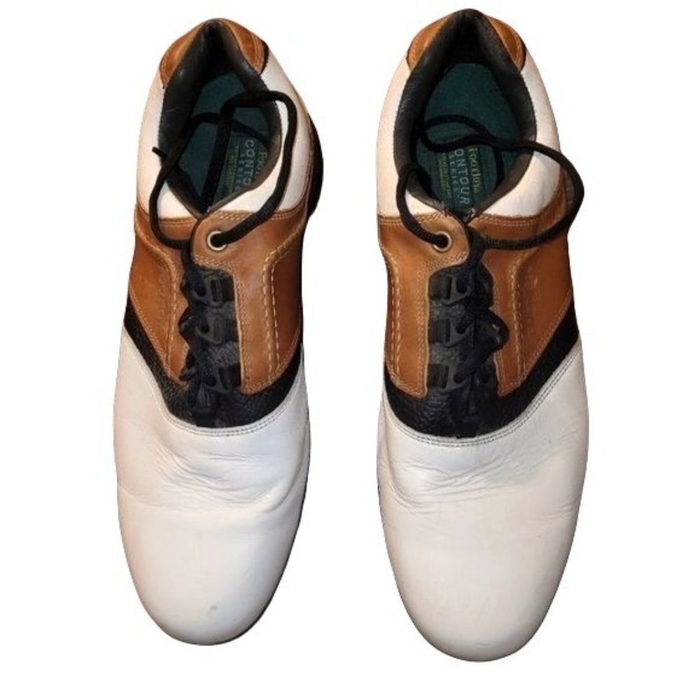 FootJoy Golf Shoes Men Size 12M Brown & White Leather Saddle Soft Spikes